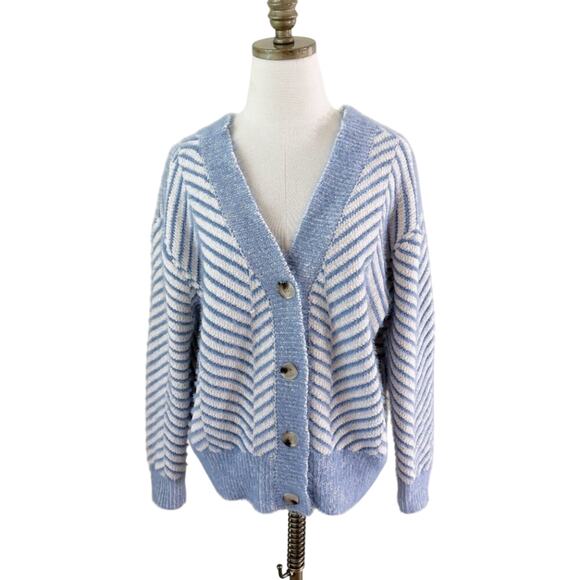 FRNCH Blue/White Herringbone Cardigan Size S/M V-Neck Button Up Oversized Fit - Picture 6 of 6
